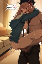 1boy 1girl ai_generated black_hair blush breasts brown_hair chainsaw_man clothed_sex heart hetero hi_res high_quality high_resolution indoors large_breasts long_hair nipples open_mouth open_shirt patreon penis power_(chainsaw_man) seductive sex sexy straddling sweat uncensored watermark