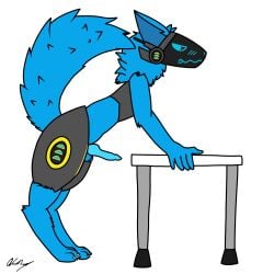 2026 absurd_res animal_genitalia animal_penis anthro asov_(asov_the_protogen) asov_the_protogen balls biped blue_body blue_eyes blue_fur blue_hair blush canine_genitalia canine_penis claws clothing digital_drawing_(artwork) digital_media_(artwork) ears_down erection feet fingers full-length_portrait fur genitals hair hi_res holding_deck holding_object holding_table looking_at_viewer machine male mammal no_shading paws penis pivoted_ears portrait presenting protogen protogen_armor protogen_face protogen_visor raised_tail side_eye smile solo suggestive tail toe_claws topwear
