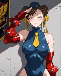 1girls ai_generated banner bare_shoulders blush brainwashing breasts brown_eyes brown_hair cap chun-li concrete_wall corruption covered_nipples double_bun earrings female fingerless_gloves garrison_cap gauntlets hair_between_eyes hair_ribbon half-closed_eyes leotard looking_at_viewer medium_breasts mind_control necktie notreallyhere parted_lips ribbed_leotard ribbon salute shadaloo_dolls smile solo standing street_fighter turtleneck