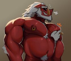 male male_only bara muscles muscular barazoku furry anthro zenless_zone_zero big_daddy_(zenless_zone_zero) sus_(pig) suina facial_hair beard tusks sunglasses white_hair red_skin arctavius nude disembodied_hand pec_grab nipple_piercing chest_tuft