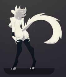 abstract_background alex_(aviadelete) ass aviadelete big_breasts breasts canine claws clothing digitigrade female fluffy fluffy_tail fur fur_tuft holding_butt legwear mammal nipples presenting presenting_hindquarters pussy raised_tail rear_view sideboob smile solo spread_ass spreading stockings teasing tuft watermark white_fur wolf wristband