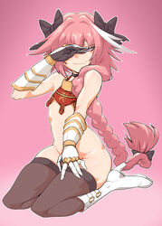 1boy androgynous astolfo_(fate) bangs boots bow braid covering_one_eye fate/apocrypha fate/grand_order fate_(series) femboy gauntlets girly gradient gradient_background groin hair_between_eyes hair_intakes hair_ribbon hairbow kneeling long_hair looking_at_viewer male male_only naughty_face nude pink_hair purple_eyes ribbon single_braid smile solo sucurapu thighhighs thighs trap