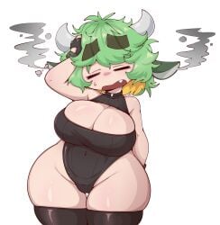 belly big_breast big_breasts bovine breast cow_ears cow_tail female green_hair horns mossyartburger mossyburger shortstack solo tummy virtual_youtuber vtuber
