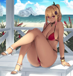 1girls ass bare_shoulders beach bikini blonde_hair bracelet breasts bush cleavage closed_mouth cloud collarbone day elf female female_only flower hair_flower hair_ornament hair_tie horizon houtengeki island jewelry large_breasts looking_at_viewer magatama multicolored_hair open_toe_shoes original outdoors pendant pink_hair plant pointy_ears ponytail purple_flower red_bikini red_eyes sandals shoes sitting solo swimsuit thighs