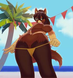 2d 2d_animation animated anthro areola avian bangs beach beak big_breasts breasts brown_body brown_fur brown_hair claws clothed clothing colored day digital_media_(artwork) european_mythology eyelashes female frame_by_frame fur genitals gesture green_eyes gryphon hair hand_gesture inner_ear_fluff long_hair looking_at_viewer loop low-angle_view markings mythological_avian mythological_creature mythology nipples orange_markings palm_tree panties panties_down panties_only partially_clothed pink_areola pink_nipples plant ponytail public_topless shaded sky solo tail tail_motion topless tree tuft underwear underwear_down underwear_only v_sign vulva xrishx yellow_clothing yellow_panties yellow_underwear