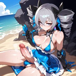1futa ai_generated arm_support bare_shoulders beach bikini blue_bikini blue_dress blue_one-piece_swimsuit blush bow breasts bronya_zaychik casual_one-piece_swimsuit closed_mouth clothes_pull clothing cloud covered_navel crossed_bangs day dress drill_hair earrings erection futa_only futanari gloves grey_eyes grey_hair hair_between_eyes hairbow honkai_(series) honkai_impact_3rd huge_cock intersex jewelry large_breasts large_penis light-skinned_futa long_hair looking_at_viewer lunaart medium_breasts ocean one-piece_swimsuit outdoors penis pulled_by_self rock sand sitting sky solo strap_lift strap_pull sweat swimsuit testicles twin_drills veins veiny_penis water