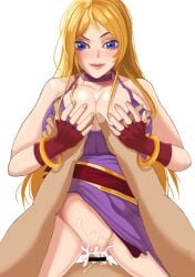 1boy 1girls assertive_female b._jenet big_breasts blonde_hair blue_eyes blush bottomless breasts censored cleavage clothed_sex clothing cowgirl_position cum cum_in_pussy cum_inside dress ejaculation fatal_fury female fingerless_gloves gloves grabbing_another's_breast groping guided_breast_grab guiding_hand half-closed_eyes hard_cock highres inside king_of_fighters large_breasts light-skinned_female light_skin long_hair looking_at_viewer male mature_female natural_breasts navel nude orgasm pale-skinned_female pale_skin penis pink_lips pov pov_hands pussy sex skirt smile snk soft_breasts straddling the_king_of_fighters thick vaginal_penetration