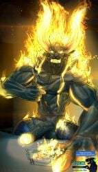 4_fingers angry balls berial big_penis black_body bodily_fluids burning_clothes capcom clothing demon devil_may_cry erection fingers fire genital_fluids genitals glowing glowing_eyes hi_res horn humanoid male male_only muscular muscular_male penis precum sharp_teeth solo teeth todex torn_clothing