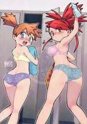 2girls ass back blue_bra blue_eyes blue_underwear blush bra breasts chichibu_(watson) closed_mouth embarrassed eyelashes flannery_(pokemon) from_behind green_bra green_clothing green_underwear hair_tie holding holding_bottle holding_towel kasumi_(pokemon) kneepits long_hair looking_at_viewer looking_back multiple_girls nintendo one_arm_up open_mouth orange_hair pantsu pink_bra pink_clothing pink_panties pink_underwear pokemon ponytail print_bra print_underwear purple_bra purple_panties purple_underwear red_eyes red_hair short_hair side_ponytail standing teeth tied_hair tongue underwear underwear_only undressing upper_teeth upper_teeth_only yellow_bra yellow_underwear