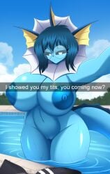 2026 absurd_res anthro areola artist_name ava_(foxsuo) big_breasts biped black_eyebrows black_nose blue_areola blue_body blue_hair blue_nipples blue_tail breasts clothing cloud curvy_figure day dialogue digital_media_(artwork) discarded_clothing ear_frill eeveelution english_text eyebrows eyelashes eyewear female female_anthro foxsuo frill_(anatomy) generation_1_pokemon genitals glasses glistening glistening_body glistening_breasts grass hair hi_res huge_breasts innie_vulva legs_together navel neck_frill nintendo nipple_dip nipples nude nude_anthro nude_female open_mouth partially_submerged plant pokemon pokemon_(species) round_glasses sky small_nose swimming_pool tail text thick_thighs vaporeon voluptuous voluptuous_anthro voluptuous_female vulva water wearing_glasses wet wet_body