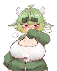 belly big_breast big_breasts bovine breast cow_ears cow_tail female green_hair horns mossyartburger mossyburger shortstack solo tummy virtual_youtuber vtuber
