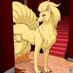 9_tails animal_genitalia animal_penis balls bodily_fluids canid canine canine_genitalia canine_penis canis digital_media_(artwork) feet feral feral_peeing fur generation_1_pokemon genital_fluids genitals hair half-closed_eyes hi_res lipsticking looking_back lycadio male male_peeing mammal multi_tail narrowed_eyes ninetales nintendo paws peeing peeing_on_ground penis penis_tip pokemon pokemon_(species) sheath smile solo tail teeth toes urine urine_on_ground urine_pool urine_stream watersports yellow_body yellow_fur