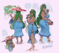 1girls animal_ears ass bare_arms bare_shoulders basket blue_dress blue_eyeshadow blush breasts cleavage curvy dark-skinned_female dark_skin dialogue dress english_text eyeshadow female female_only from_behind from_side fruit_basket full_body generation_1_pokemon gijinka green_hair hair_intakes hat hawaiian_clothes highres holding holding_basket holding_microphone huge_ass humanized humanized_pokemon large_breasts looking_at_viewer makeup mature_female microphone multiple_girls multiple_views nintendo open_mouth personification plump pokemon pokemon_(species) pokemon_pokopia red_eyes red_hat smile solo standing thiccwithaq thick_arms venusaur wide_brim