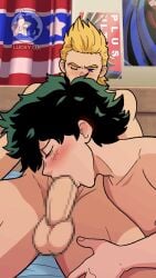 2boys animated bedroom black_hair blonde_hair blush censored erection fellatio freckles gay gay_male izuku_midoriya loop luckylui male_only mirio_togata my_hero_academia oral penis sex testicles yaoi