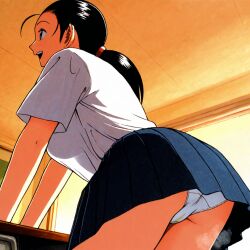 ai_generated ass ass_focus black_hair classroom female female_only fully_clothed kamiya_chiyoko long_hair low-angle_view musk panties ponytail retro retro_artstyle school_uniform schoolgirl smile solo steam the_ping_pong_club upskirt white_panties