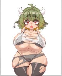 belly big_breast big_breasts bovine breast cow_ears cow_tail female green_hair horns mossyartburger mossyburger see-through_clothing shortstack solo tshirt tummy virtual_youtuber vtuber wet_body