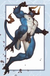 2026 action_pose anthro balls biceps blue_body body_hair chest_hair claws digital_media_(artwork) dragon feet finger_claws foreskin genitals hair hi_res horn humanoid_genitalia humanoid_penis male male_only mythological_creature mythological_scalie mythology nipples nude nude_anthro nude_male penis pose scalie scar signature solo tail tail_tuft talons taran_fiddler teeth thick_thighs toes tuft ventral_groove white_body x_scar