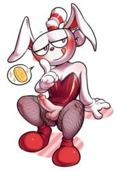 balls blush bunny_costume bunny_ears_(disambiguation) clothed clothing costume crossdressing cuphead cuphead_(game) femboy fishnet gay humanoid lizardbat_(artist) male_only object_head penis prostitution solo uncut