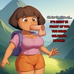 aged_up ai_generated big_breasts blowjob caption curvy disembodied_penis dora_marquez dora_the_explorer forced_oral looking_at_penis nick_jr nickelodeon older pants penis penis_in_mouth shirt subtitled text wide_hips