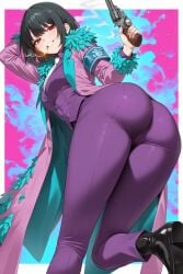 ai_generated alriune arm_up ass black_footwear black_hair blue_armband cigarette evil_grin exusi_ai female from_behind holding_cigarette holding_gun letterbox limbus_company lobotomy_corporation_(identity)_(project_moon) looking_at_viewer looking_back project_moon purple_coat purple_pants purple_shirt purple_vest red_eyes revolver ryoshu_(limbus_company) short_hair smoking white_necktie