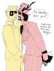 antlers asimo3089 badcc beard bulge bulge_grab bulge_through_clothing bulge_under_clothes chance_(forsaken) clothed clothing deer_ears deer_tail drawing fedora grabbing_bulge hair hand_on_chin handcuffs hat no_backround roblox roblox_developer robloxian self_upload shittysins suit sunglasses tail tail_wagging tailwag wagging_tail white_background
