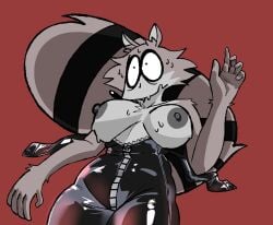 1girls breasts breasts_out diegutan female furry raccoon shmorgus_boarded solo solo_female solo_focus tagme uva_the_raccoon wardrobe_malfunction
