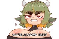 belly big_breast big_breasts bovine breast cow_ears cow_tail female green_hair horns mossyartburger mossyburger red_eyes shortstack solo thick_eyebrows tummy virtual_youtuber vtuber