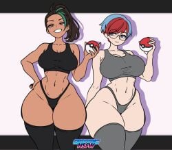 2girls amber_eyes antenna_hair big_breasts black_hair blue_hair brown-skinned_female brown_skin chocolate_and_vanilla female female_only gionnic_art glasses grey_eyes large_breasts light-skinned_female light_skin looking_at_viewer medium_breasts midriff multicolored_hair multiple_girls navel nemona_(pokemon) orange_eyes pale_skin penny_(pokemon) poke_ball pokeball pokemon pokemon_sv red_hair short_hair smile smiling_at_viewer tagme tan_skin tank_top thick_thighs thighhighs thong two-tone_hair underwear voluptuous voluptuous_female wide_hips