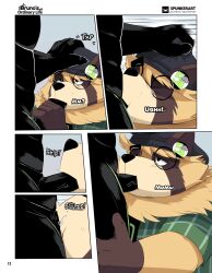 2026 alien anthro balls belly bottomwear bruno_(spunker) bulge canid canine clothed clothing comic dialogue digital_media_(artwork) duo english_text eyebrows eyewear facial_hair fellatio foreskin genitals glasses goo_creature hair half-closed_eyes hand_on_head hat headgear headwear hi_res humanoid licking male male/male mammal multi_eye muscular muscular_male narrowed_eyes nude oberon_(spunker) oral overweight overweight_anthro overweight_male pants penile penis raccoon_dog sex sharp_teeth simple_background smile speech_bubble spunker tail tanuki teeth text thick_eyebrows tongue topwear