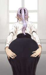 ass back elf female female_only from_behind high-waist_skirt houtengeki indoors juliet_sleeves long_hair long_skirt long_sleeves original pantylines pointy_ears ponytail puffy_sleeves purple_hair see-through skirt solo spread_ass spreading tight_skirt