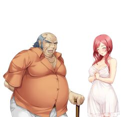 1boy 1girls 2d 2d_(artwork) alice_soft arima_shiori belt_buckle big_breasts blue_eyes cane cg closed_eyes couple couple_love duo fat_man father-in-law_and_daughter-in-law hands_behind_back hands_together heartful_maman highres kinosaki_juuzo lips lipstick looking_at_viewer milf mother necklace old_man onigirikun orange_shirt photoshop red_hair see-through see-through_bra see-through_clothing see-through_panties smile standing tagme thick_thighs thighs transparent_background ugly_bastard ugly_man white_bra white_panties white_pants