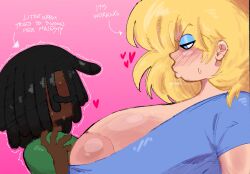 areolae blonde_hair blue_eyes blue_eyeshadow blush dark-skinned_male dark_skin huge_breasts larger_female light-skinned_female light_skin lori_loud oc self_insert smaller_male valentine's_day weener72