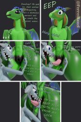 2:3 3d_(artwork) 5_panel_comic absurd_res animal_genitalia anthro becoming_erect blue_body blue_eyes blush bodily_fluids breasts darkened_genitalia dewdrop_(ferrethazel) digital_media_(artwork) dragon duo english_text erection female ferrethazel genital_fluids genital_slit genitals green_body hand_on_face hand_on_leg hand_on_penis hand_on_thigh hi_res hydrangea_(ferrethazel) leaking_precum licking looking_at_another looking_at_viewer male male/female monotone_background mythological_creature mythological_scalie mythology nipples open_mouth open_smile oral panicking penile penis penis_lick pink_penis plump_slit precum scalie sex sharp_teeth simple_background smile surprised talking_to_viewer tapering_penis teeth text tongue tongue_out