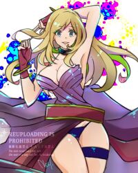 b._jenet bangle bare_shoulders belt blonde_hair blue_eyes bracelet breasts choker cleavage commentary_request dress fatal_fury fatal_fury:_city_of_the_wolves female fingerless_gloves gloves jewelry king_of_fighters large_breasts long_hair looking_at_viewer loose_belt neli_mmnn purple_dress smile snk solo the_king_of_fighters thigh_strap