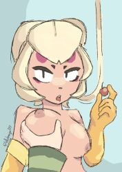 blue_background brawl_stars breasts charlie_(brawl_stars) cherry gloves gus_(brawl_stars) naked_female squeezing_breast tongue_out yellow_hair