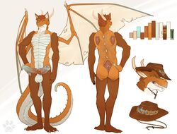 2017 anthro ass balls blue_eyes brown_fur canine clothing cowboy cowboy_hat digital_media_(artwork) dragon duo erection fasttrack37d fox fur hair hat hi_res horn loketoki male male_only mammal nude penis scales scalie simple_background standing teeth tongue wings