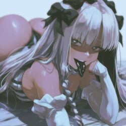 1girls ai_generated armwear ass bed_sheet big_ass black_tongue cinderhee close-up fate/strange_fake fate_(series) female female_only francesca_prelati_(fate) grey_eyes large_ass laying_on_bed laying_on_stomach leotard long_hair playful playful_smile ribbon ribbons solo solo_female stripes tagme teasing teasing_viewer tongue tongue_out very_long_hair white_background white_hair