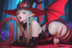 absurd_res ai_generated all_fours artist_name artist_upload ass bare_shoulders black_gloves black_leotard black_thighhighs breasts consensual_tentacles crossdressing demon_horns demon_wings detached_collar earrings elbow_gloves erection fangs femboy femboy_focus feminine_male foreskin gay gloves green_hair hair_between_eyes half-closed_eyes hat hi_res horns jewelry leotard lips long_hair looking_at_viewer low_wings magic_circle makeup more_at_source nature nose open_mouth outdoors pandora patreon patreon_username penis piercing pointy_ears precum red_eyes red_wings saliva self_upload skindentation small_breasts solo tail teeth tentacle testicles thighhighs tongue tongue_out transgender uncensored watermark wings witch_hat