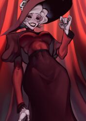 black_eyes black_lipstick black_sclera breasts dress female female_only hat hazbin_hotel headgear jacket long_sleeves looking_at_viewer looking_down navel pale_skin rosie_(hazbin_hotel) safe sharp_teeth short_hair skin_tight smile tagme tagme_(artist) tight_clothing viewed_from_below voluptuous white_hair wide_hips