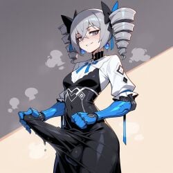 1futa ai_generated black_dress blush breasts bronya_zaychik bulge clothing covered_navel covered_penis cowboy_shot crossed_bangs cum_in_clothes doll_joints dress drill_hair earrings erection erection_under_clothes futa_only futanari futanari_masturbation gloves grey_eyes grey_hair grin hair_between_eyes honkai_(series) honkai_impact_3rd huge_cock huge_testicles intersex jewelry joints large_penis light-skinned_futa long_hair looking_at_viewer lunaart mechanical_arms penis precum prosthesis short_sleeves small_breasts smile solo sweat testicles twin_drills twintails