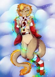 2017 5_fingers anthro blonde_hair bottomless clothed clothing digital_media_(artwork) dragon feline female fur hair hybrid lion lycangel mammal orange_hair pussy scarf smile solo tan_fur yellow_eyes