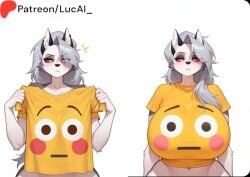 1girls ai_generated big_ass big_breasts clothed clothing female flushed_emoji_shirt helluva_boss huge_breasts loona_(helluva_boss) lucai thick_thighs two-tone_body wolf wolf_girl