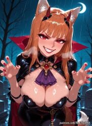 2026 ai_generated alternate_breast_size animal_ear_fluff animal_ears animal_tail anime bangs bare_tree black_cape blush breasts brown_hair cape cat_ears claw_pose cleavage crescent_moon crossover demon_horns eye_contact fake_horns fangs female female_focus female_only flushed grin halloween highres holo holo_(spice_and_wolf) horns huge_breasts large_breasts leaning_forward long_hair looking_at_viewer makeup moon nail_polish night nsfw outdoors patreon patreon_username rain red_eyes red_lips red_nails rognezart shiny smile smiling solo spice_and_wolf tail teeth tombstone very_long_hair wet wolf_ears wolf_girl wolf_tail