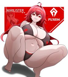 arrogant barefoot bikini character_name curvy evil_smile goddess_of_victory:_nikke huge_breasts legs_apart nihilister_(nikke) parted_lips red_toenails squatting toes v-shaped_eyebrows