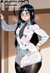 1boy ahoge ai_generated antenna_hair aqua_eyes artist_name black_hair black_pantyhose bleach blue_eyes blush breasts bulge buttons clothing collared_dress covered_navel covered_penis covered_testicles crossdressing double-breasted dress english_text erection erection_under_clothes femboy femboy_focus femboy_only genderswap_(ftm) giselle_gewelle hand_on_own_hip intersex jennieart02 long_hair long_sleeves looking_down male_focus necktie otoko_no_ko pantyhose parted_lips patreon patreon_logo patreon_username penis see-through shirt solo standing sweat thick_thighs twitter twitter_username watermark wet wet_clothes wet_shirt white_dress white_shirt