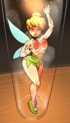 absurdres against_glass arm_up bare_legs bare_shoulders breast_press breasts breasts_on_glass commission disney disney_fairies disney_fairies_(movie_series) dress english_commentary fairy fairy_wings from_above full_body glitter green_dress green_shoes green_tunic groove1121 hair_bun highres lips mini_person minigirl nipples nose parted_lips pointy_ears shoes single_hair_bun sparkle strapless strapless_dress table thick_thighs thighs tinker_bell_(disney) toned toned_female topless_female tunic walt_disney's_peter_pan wings