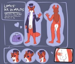 2017 anthro ass bag balls black_eyes bubble_butt canine clothing coat digital_media_(artwork) english_text erection fox fur furry hair hat horn humanoid lomas_(character) male mammal metal_(artist) model_sheet nude penis purple_iris red_fox smile solo standing text top_hat white_fur