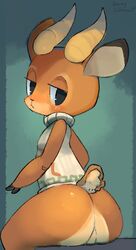 :< animal_crossing anthro ass balls beau_(animal_crossing) big_ears black_eyes blush butt cervine cute deer fur furry half-closed_eyes honeycalamari horn looking_at_viewer looking_back male male_only mammal nintendo presenting presenting_hindquarters simple_background sitting solo sweater toony