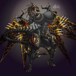 aeromorph areola breasts chaos_(warhammer) claws dark_skin digital_media_(artwork) dragon female helldrake labia_piercing muscular muscular_female pussy_piercing rashchaos solo warhammer_(franchise) warhammer_40k