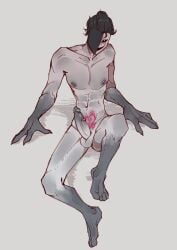 1boy abs aggressivedog01_(artist) black_hair black_sclera clawed_fingers clawed_hands claws color colored dark_arms dark_feet dark_hands dark_legs dark_tip hair_bun looking_at_viewer male male_only man_bun mostly_nude mostly_nude_male muscular muscular_male naked naked_male nude nude_male pubic_tattoo simple_background sitting sitting_down smile smiling solo solo_focus solo_male straight_hair tattoo tfc the_freak_circus ticket_taker_(the_freak_circus) white_eyes white_skin